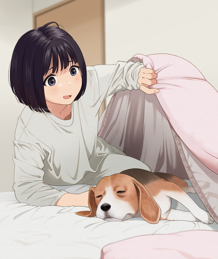 1girl arm_support artist_name beagle black_hair bob_cut dog grey_eyes lifting_covers mattaku_mousuke on_bed open_mouth original short_hair sleeping watermark