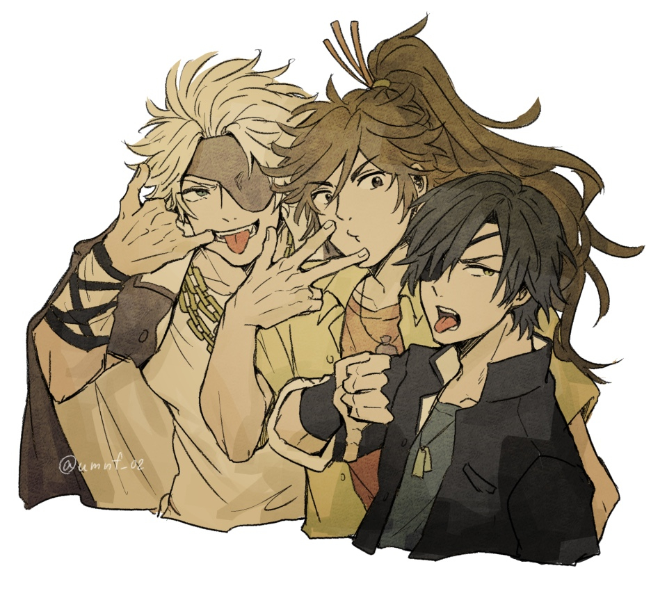 3boys black_hair blonde_hair blue_eyes blue_shirt brown_eyes brown_hair chousokabe_motochika_(sengoku_basara) cropped_torso date_masamune_(sengoku_basara) eyepatch gakuen_basara gakuran jacket jacket_on_shoulders jewelry long_hair maeda_keiji_(sengoku_basara) male_focus multiple_boys necklace o3o open_mouth orange_shirt ponytail school_uniform sengoku_basara sepia shirt short_hair simple_background slit_pupils thumbs_down tongue tongue_out twitter_username umi_no_fuji white_background white_shirt yellow_eyes