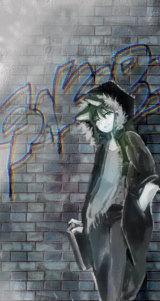 1boy animal_ears bad_id bad_twitter_id brick_wall cat_ears green_eyes green_hair hand_in_pocket highres holding hood hoodie jacket keita_sakaba looking_at_viewer open_clothes open_jacket pants sakusakusalmon2 shirt smirk solo spray_paint torn_clothes torn_shirt towelket_wo_mou_ichido yorumorukimiri