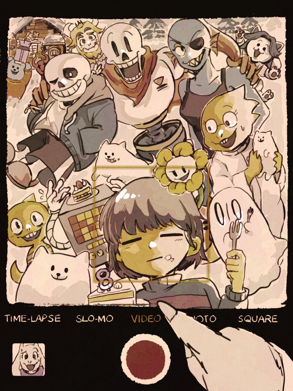 1other 3boys 3girls :| =_= alphys androgynous animal annoying_dog asgore_dreemurr black_shorts black_tank_top blue_jacket blue_skin blue_sweater brothers brown_hair cake cake_slice cape closed_mouth colored_skin commentary creature dog everyone eyepatch facing_viewer fake_phone_screenshot fake_screenshot fins flower flowey_(undertale) food food_on_face fork frisk_(undertale) ghost grin group_picture gumo_(gumo32) hand_on_another&#039;s_shoulder hands_in_pockets head_fins highres holding holding_animal holding_dog holding_fork hood hood_down hooded_jacket jacket looking_at_viewer mettaton monster_kid_(undertale) multiple_boys multiple_girls napstablook non-humanoid_robot one_eye_closed open_mouth papyrus_(undertale) pov red_cape robot sans_(undertale) short_hair shorts siblings skeleton smile sweatdrop sweater symbol-only_commentary taking_picture tank_top temmie toriel undertale undyne yellow_flower yellow_skin