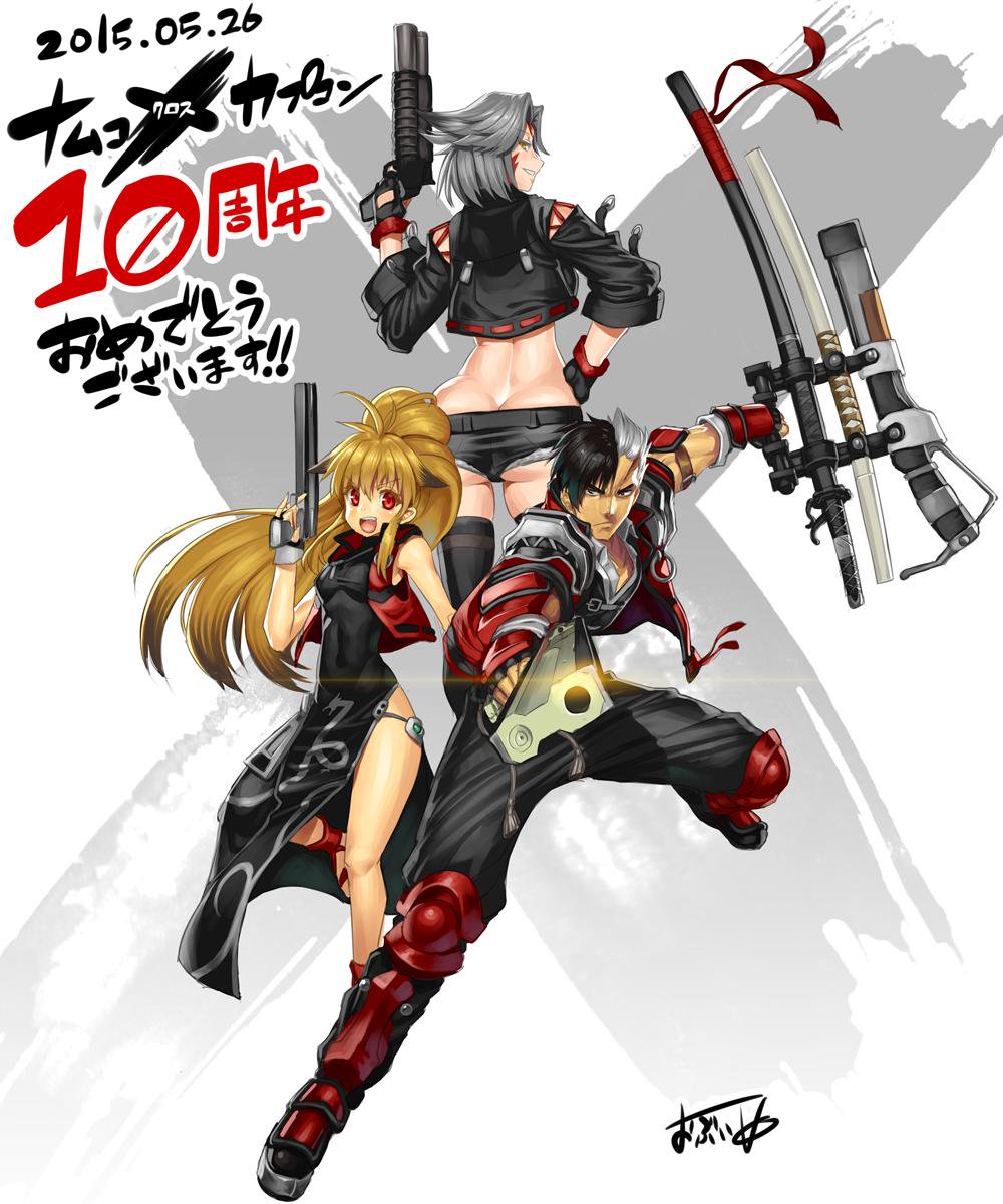 1boy 2girls ahoge aiming aiming_at_viewer animal_ears arisu_reiji ass banpresto bare_legs belt blonde_hair breasts capcom china_dress chinese_clothes dated denim denim_shorts dress fingerless_gloves forehead_jewel fox_ears gloves gun high_heels highres kazue legs midriff multicolored_hair multiple_girls namco namco_x_capcom obui project_x_zone red_eyes sandals saya_(namco_x_capcom) scar shoes short_hair short_shorts shorts smile super_robot_wars thighhighs two-tone_hair weapon white_hair xiaomu yellow_eyes zoom_layer