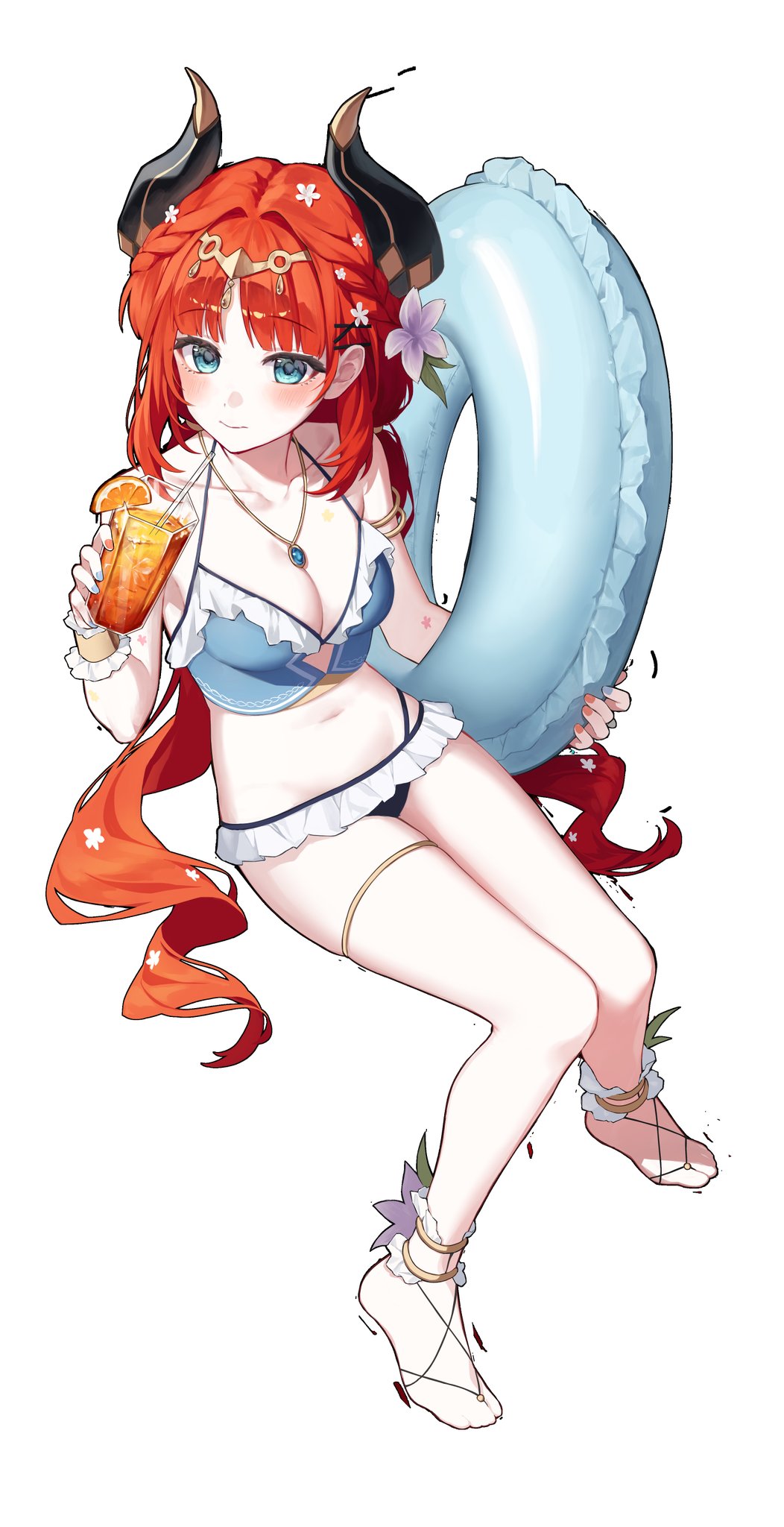 1girl alternate_costume anklet bikini black_horns blue_bikini blue_eyes blue_innertube blush breasts circlet cleavage closed_mouth collarbone cup drink flower frilled_bikini frills full_body genshin_impact hair_flower hair_ornament hashtag-only_commentary highres holding holding_cup holding_drink holding_swim_ring horns innertube jewelry long_hair looking_at_viewer medium_breasts navel necklace nilou_(genshin_impact) red_hair simple_background sitting solo swim_ring swimsuit thigh_strap white_background y91210666