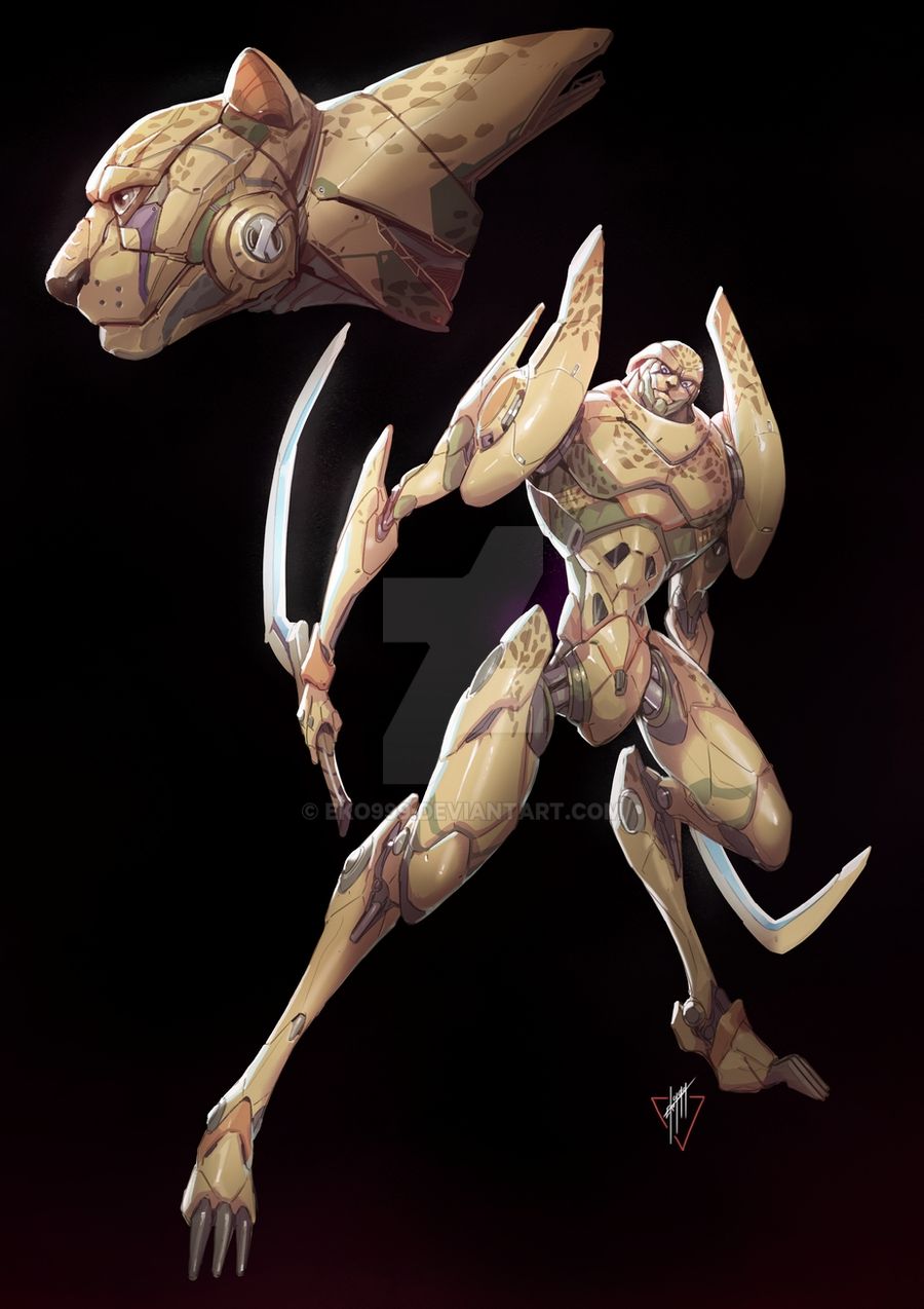 1boy beast_machines beast_wars black_background cheetah cheetor commentary deviantart_logo deviantart_username dual_wielding eko999 english_commentary from_side highres holding holding_sword holding_weapon maximal mecha multiple_views robot science_fiction standing sword transformers watermark weapon yellow_eyes