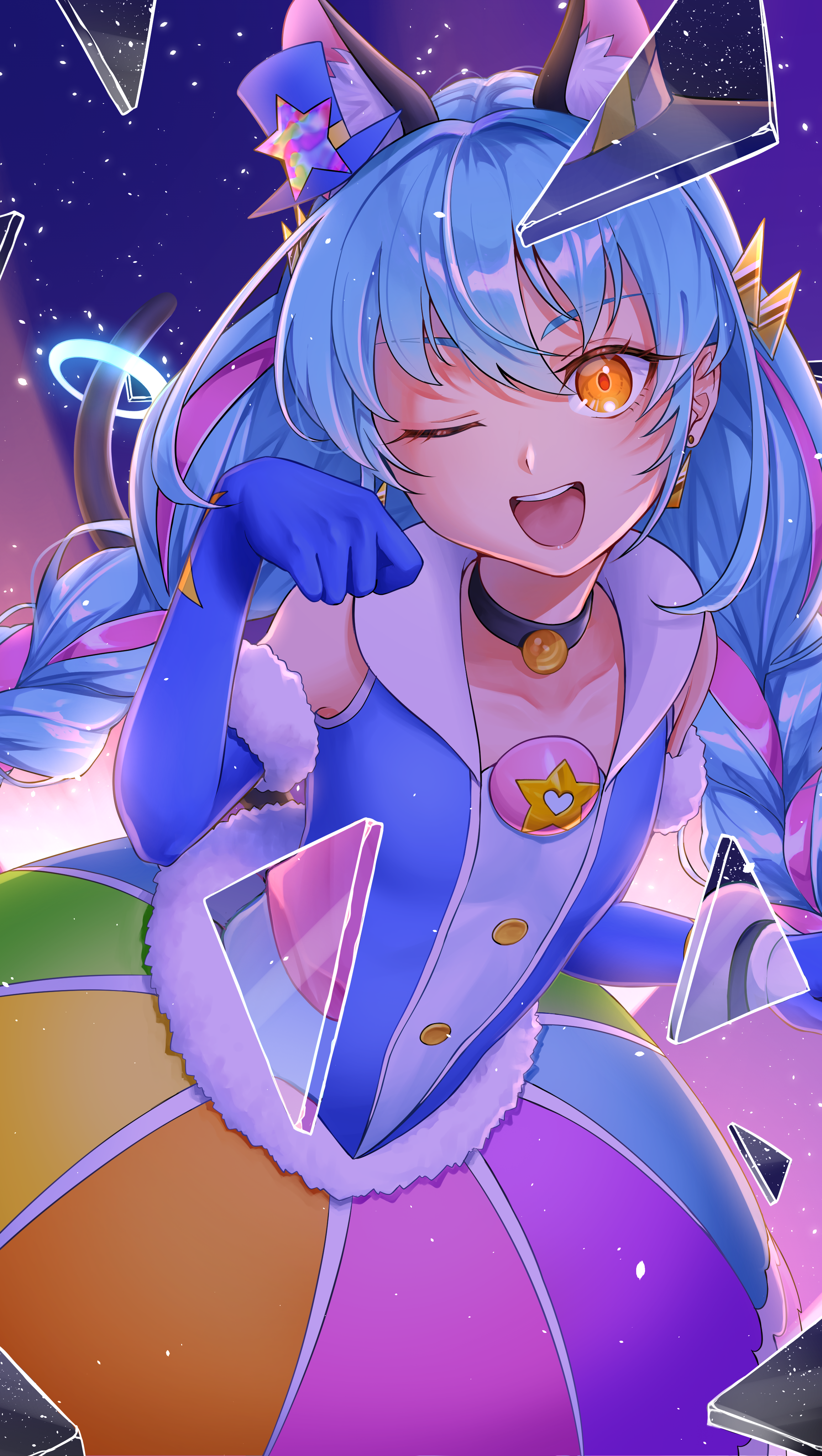 1girl aboreen absurdres animal_ears black_choker blue_gloves blue_hair blue_hat blue_shirt braid cat_ears cat_girl choker cure_cosmo earrings elbow_gloves extra_ears fur-trimmed_gloves fur-trimmed_shirt fur_trim gloves hat highres jewelry long_hair looking_at_viewer magical_girl mini_hat mini_top_hat multicolored_hair multicolored_skirt night night_sky one_eye_closed open_mouth orange_eyes precure rainbow_skirt shirt skirt sky sleeveless sleeveless_shirt smile solo star_(sky) star_twinkle_precure streaked_hair top_hat twin_braids yuni_(precure)