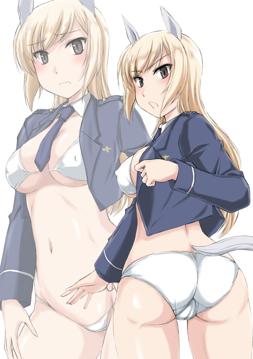 1girl animal_ears ass bikini bikini_under_clothes black_eyes blonde_hair blue_neckwear breasts cameltoe commentary_request covered_erect_nipples cowboy_shot crop_top highres long_hair long_sleeves marian_e._carl medium_breasts navel necktie no_pants noble_witches simple_background strike_witches swimsuit tail wan&#039;yan_aguda white_background white_bikini world_witches_series