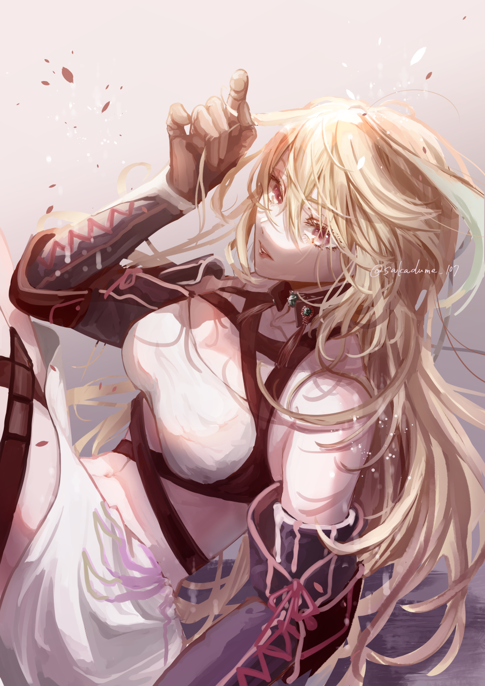 ahoge black_gloves blonde_hair gloves gradient_background grey_background highres holding holding_own_hair long_hair messy_hair milla_maxwell_(tox2) navel parted_lips red_eyes sakadume_107 shirt skirt solo strapless swept_bangs tales_of_(series) tales_of_xillia tales_of_xillia_2 taut_clothes taut_shirt tube_top twitter_username white_skirt