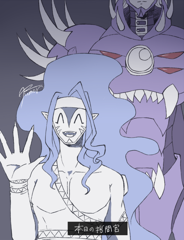 2boys closed_eyes digimon digimon_xros_wars large_pectorals long_hair monster_boy multiple_boys muscular neovamdemon no_humans pectorals red_eyes salute sharp_teeth smile splashmon teeth waving
