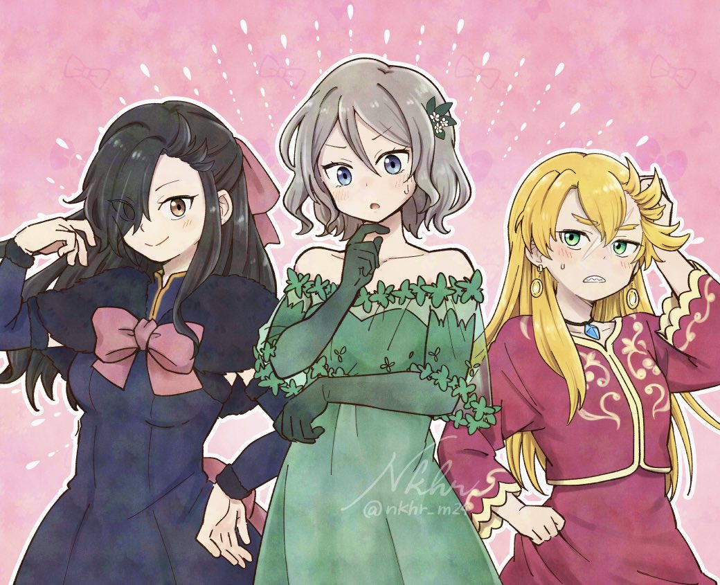black_hair blonde_hair crossdressing curly_hair dress earrings garfiel_tinsel green_dress jewelry natsuki_subaru necklace otto_suewen re:zero_kara_hajimeru_isekai_seikatsu red_dress sharp_teeth teeth