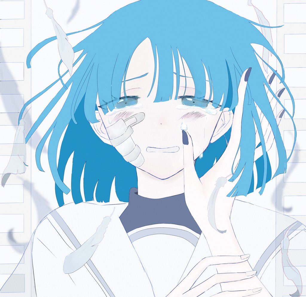 2girls ado_(utaite) akuru-chan_(ado) bandaid bandaid_on_face blue_eyes blue_hair cloud_nine_inc commentary crying crying_with_eyes_open eien_no_akuru_hi falling_feathers feathers floating_hair hand_on_another&#039;s_face multiple_girls open_mouth pikako_(piikapikapikaco) sailor_collar scrape short_hair solo_focus tears upper_body white_sailor_collar