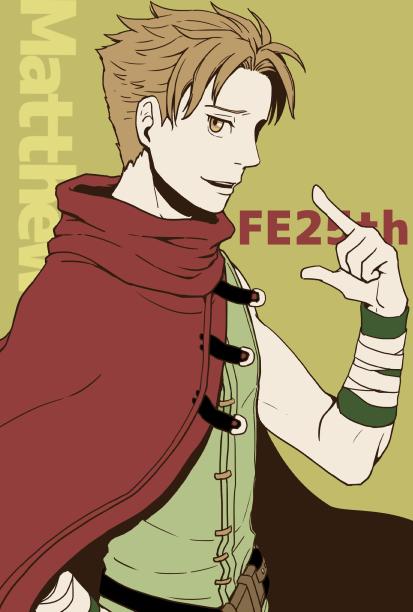 1boy arm_up brown_hair cloak facing_to_the_side fire_emblem fire_emblem:_the_blazing_blade green_shirt looking_at_viewer male_focus matthew_(fire_emblem) nintendo open_mouth red_cloak shirt solo sukesoudara upper_body