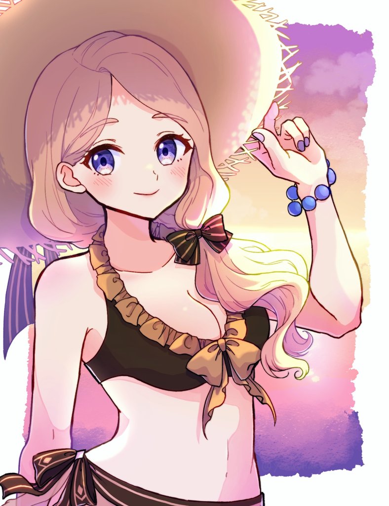 1girl beach bikini black_bikini blonde_hair blue_eyes breasts cleavage fire_emblem fire_emblem:_three_houses fire_emblem_heroes gogatsu_(yeaholiday) hair_ribbon hat medium_breasts mercedes_von_martritz mercedes_von_martritz_(summer) nintendo official_alternate_costume ribbon side_ponytail solo sun_hat sunset swimsuit