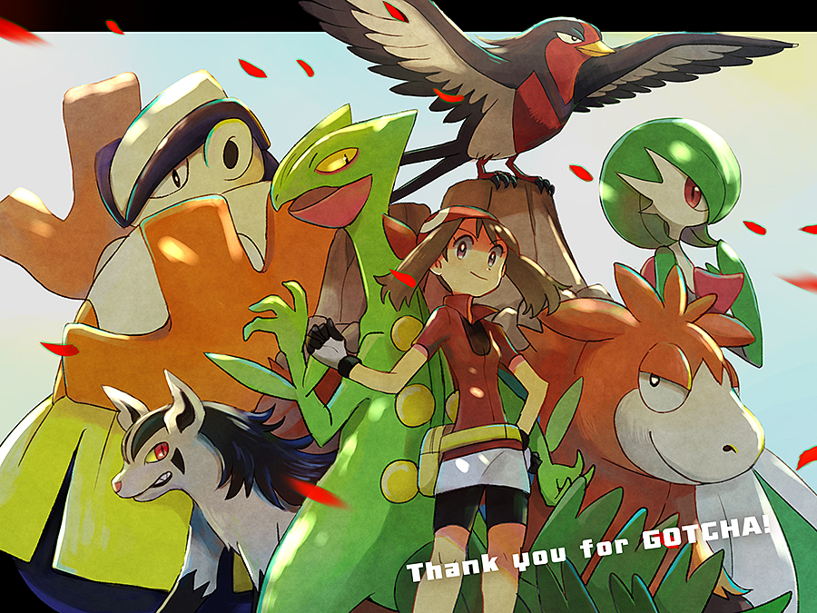 1girl bag bandana bike_shorts bike_shorts_under_skirt bird brown_eyes brown_hair camerupt clenched_hands closed_mouth commentary_request falling_petals fanny_pack game_freak gardevoir gen_3_pokemon gloves hand_on_own_hip hand_up hariyama light_smile looking_at_viewer may_(pokemon) medium_hair mightyena nintendo petals pokemon pokemon_(creature) pokemon_rse popcorn_91 red_bandana red_eyes red_shirt sceptile shirt short_sleeves skirt swellow white_skirt yellow_bag