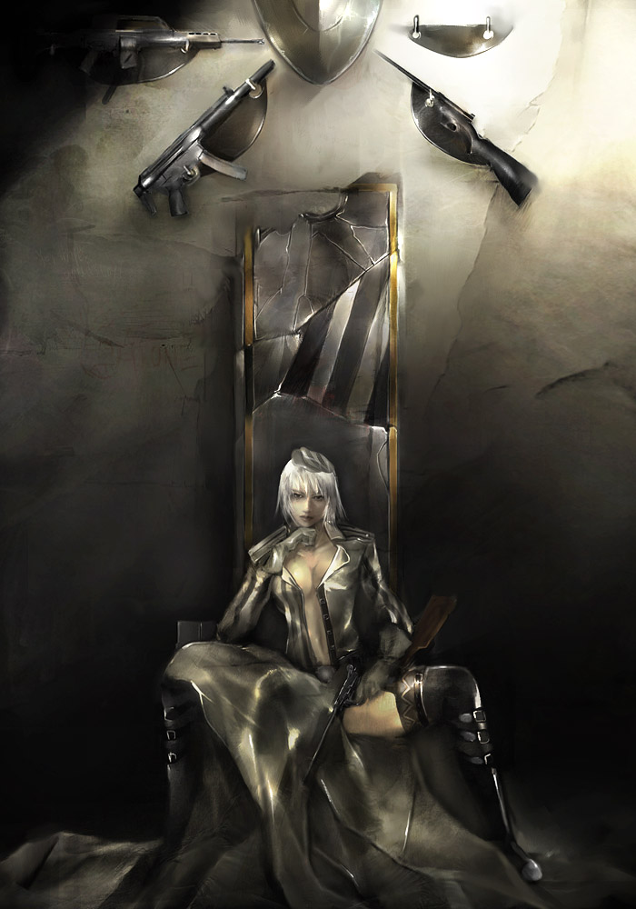 1girl assault_rifle boots breasts card cleavage coat female_focus gun h&amp;k_mp5 heckler_&amp;_koch koyama_sousuke original rifle samael silver_hair solo submachine_gun suppressor tarot tarot_card thighhighs weapon