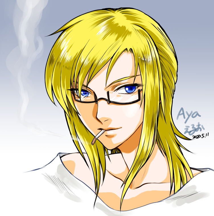 1girl aya_brea blonde_hair blue_eyes character_name cigarette closed_mouth collarbone dated glasses looking_at_viewer parasite_eve_(series) parasite_eve_i simple_background smile smoking solo white_background