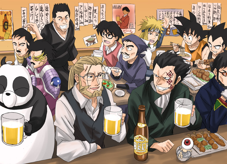 1980s_(style) 6+boys alcohol baran baran_(dragon_quest_dai_no-daibouken) beard beer black_hair bleach blonde_hair blue_eyes chopsticks closed_eyes crossover dragon_ball dragon_quest dragon_quest_dai_no_daibouken dragonball_z eating everyone facial_hair food forehead_protector fullmetal_alchemist gegege_no_kitarou gendou_pose gintama glasses gloves hands_clasped ikari_gendou ksfactory kurosaki_isshin kusakabe_tatsuo male_focus medama_oyaji monkey_d._dragon multiple_boys multiple_crossover muscular mustache namikaze_minato naruto naruto_(series) neon_genesis_evangelion no_eyebrows oldschool one_piece open_mouth own_hands_clasped own_hands_together panda ponytail ranma_1/2 retro_artstyle saotome_genma scar short_hair shounen_jump skirt smile son_goku spiked_hair toei_animation tonari_no_totoro umibouzu umibouzu_(gintama) van_hohenheim vegeta