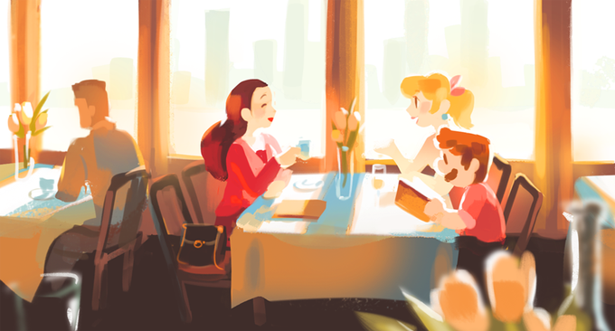 1boy 2girls blonde_hair brown_hair cafe facial_hair flower gigi_d.g. mario mario_(series) multiple_girls mustache nintendo pauline_(mario) princess_peach restaurant source_request super_mario_odyssey table window
