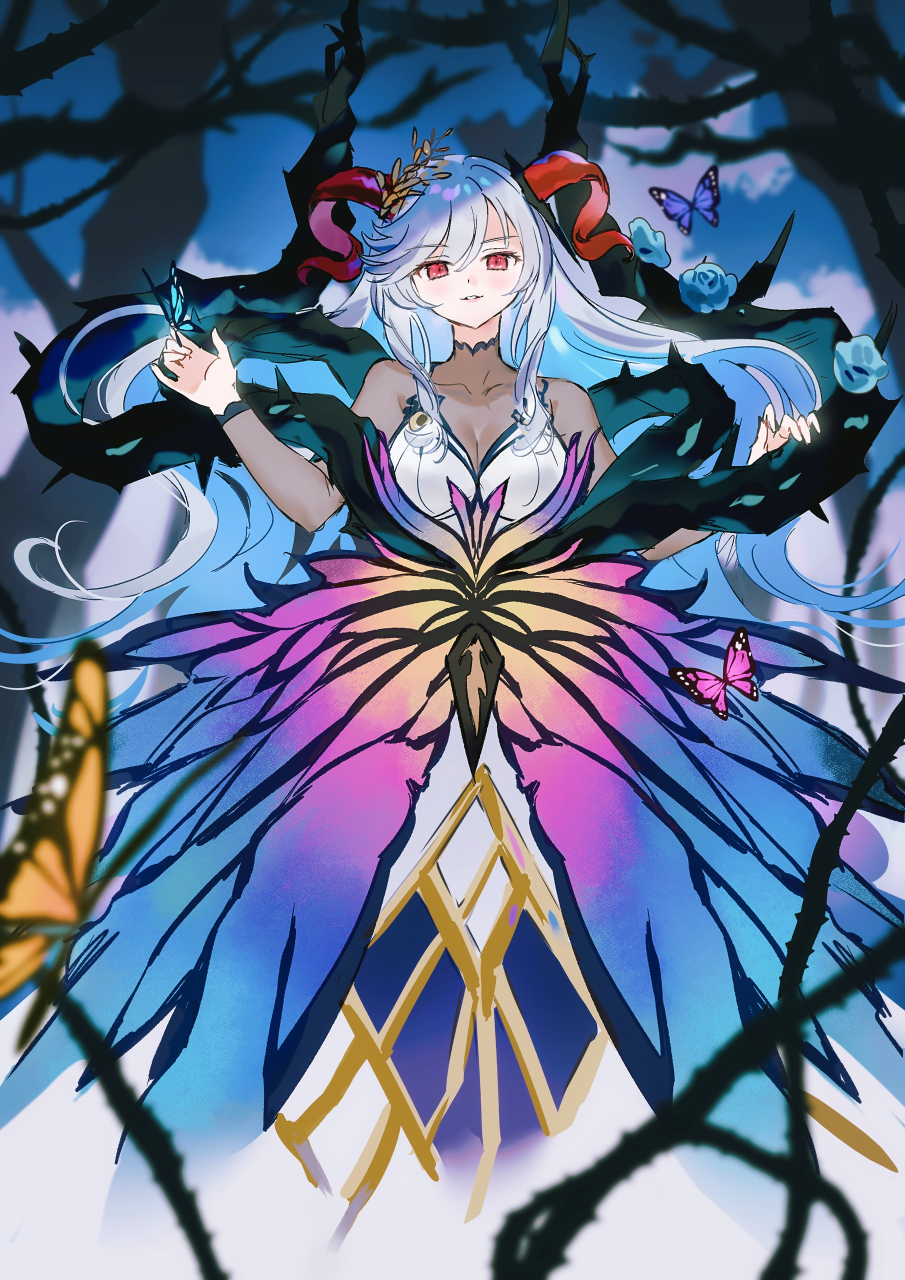 1girl blue_hair blush bodystocking breasts bug butterfly colored_inner_hair commentary_request curled_horns dress fire_emblem fire_emblem_heroes freyja_(fire_emblem) goat_horns grey_hair grin highres horns insect long_hair looking_at_viewer multicolored_hair nintendo olenji red_eyes red_horns smile solo swept_bangs thorns two-tone_hair very_long_hair white_dress
