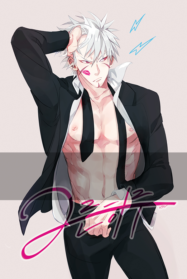 1boy abs facial_mark formal_clothes grey_hair lipstick_mark lipstick_mark_on_face male_focus naruto_(series) naruto_shippuuden nipples open_clothes pectorals red_eyes senju_tobirama solo vosovic