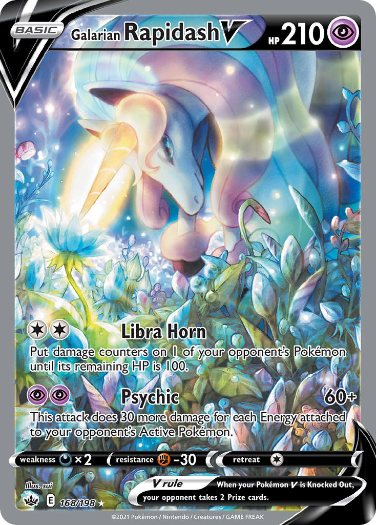 animal_focus artist_name blue_flower card_(medium) character_name closed_mouth company_name copyright_name copyright_notice english_text flower galarian_form galarian_rapidash gen_8_pokemon glowing_horns horns leaf nintendo no_humans official_art pokemon pokemon_(creature) pokemon_card pokemon_focus pokemon_tcg single_horn solo sui_(petit_comet) third-party_source trading_card unicorn