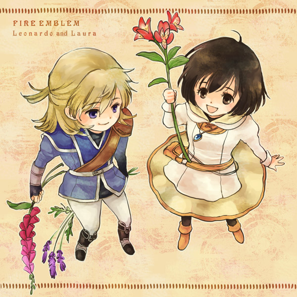 1boy 1girl :d black_hair blonde_hair brown_eyes character_name chibi copyright_name dress fire_emblem fire_emblem:_radiant_dawn flower from_above gloves jewelry laura_(fire_emblem) leonardo_(fire_emblem) necklace nintendo open_mouth short_hair smile socks yukaris