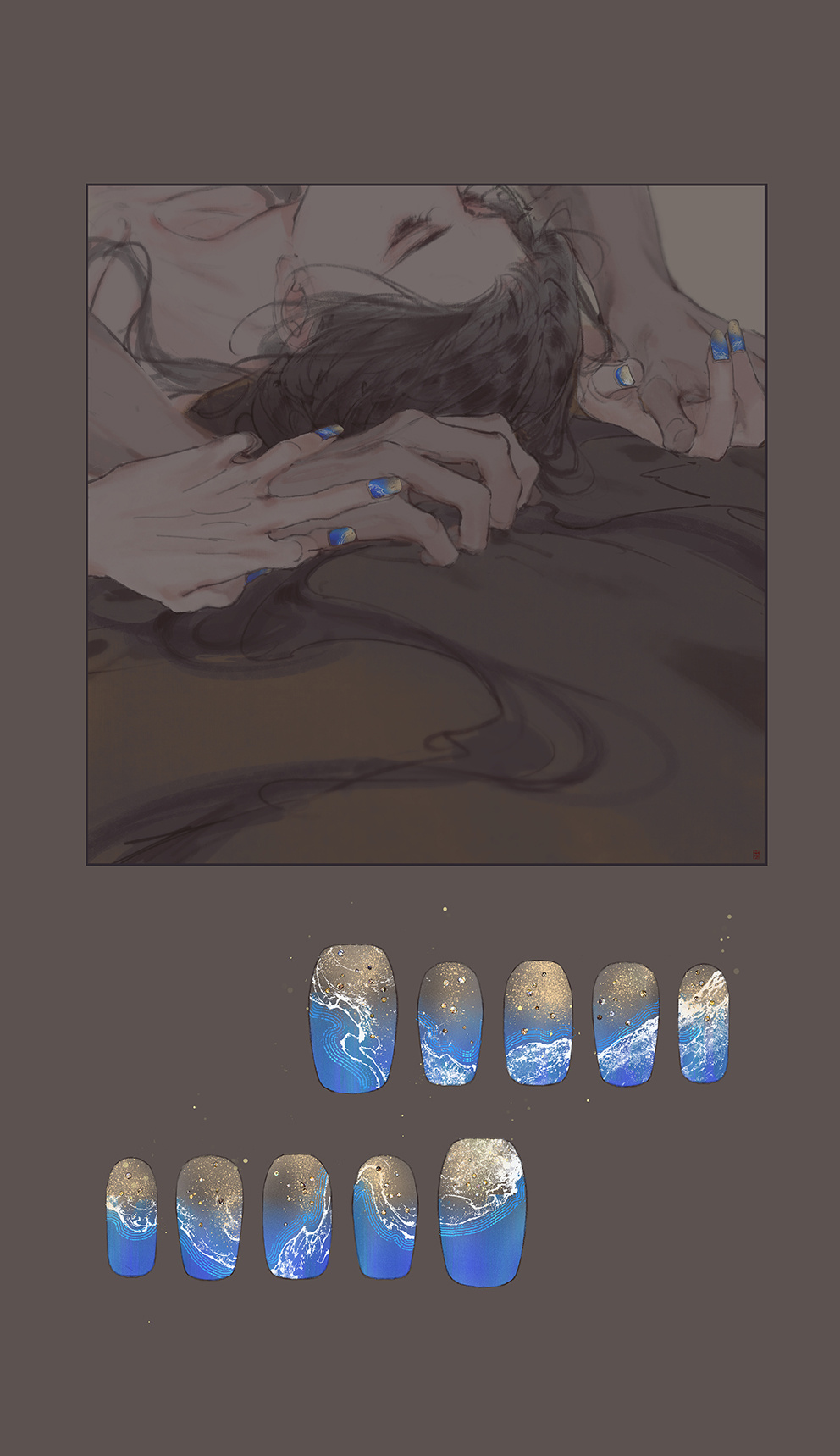 1boy 1girl bei_luo_(gujian_qitan) black_hair blue_nails brown_background brown_theme chinese_commentary close-up collarbone commentary_request fake_nails gold_nails gradient_nails gujian_qitan_(series) gujian_qitan_3 hetero highres holding_hands ibuki_satsuki implied_sex muted_color nail_art nail_ornament simple_background spot_color yun_wuyue_(gujian_qitan)