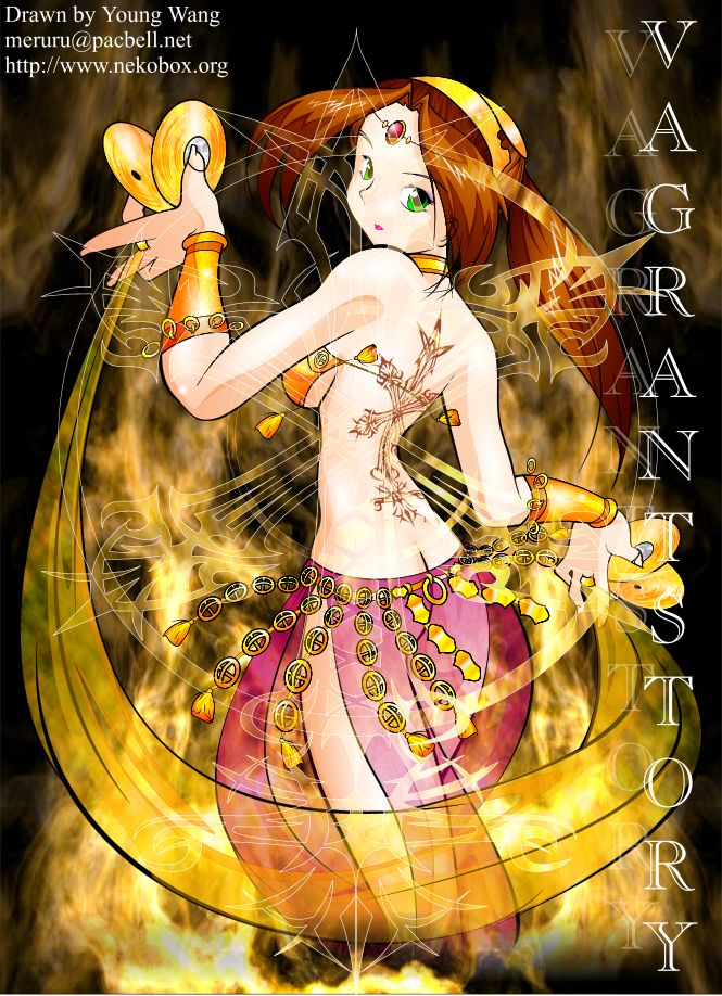 1girl ass belt breasts brown_hair choker dancing female_focus green_eyes gypsy headband instrument large_breasts long_hair mullenkamp solo tattoo vagrant_story young_wang