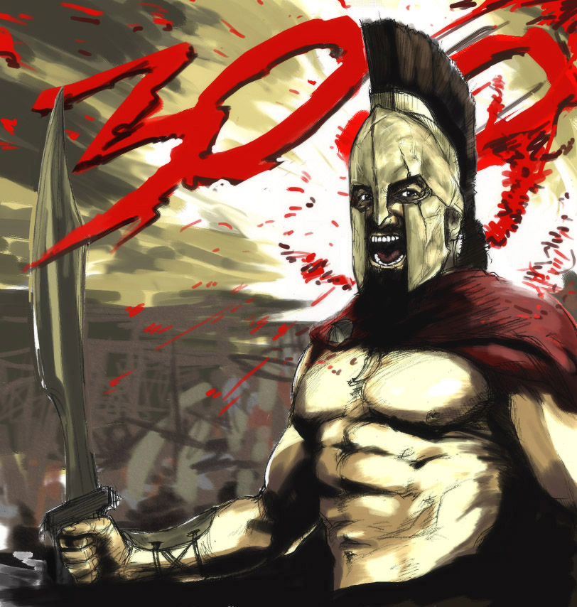 1boy 300_(movie) army blood cape corinthian_helmet gauntlets helmet leonidas male_focus muscular polearm shield smile solo spartan spear sword tetsu_(kimuchi) vambraces weapon