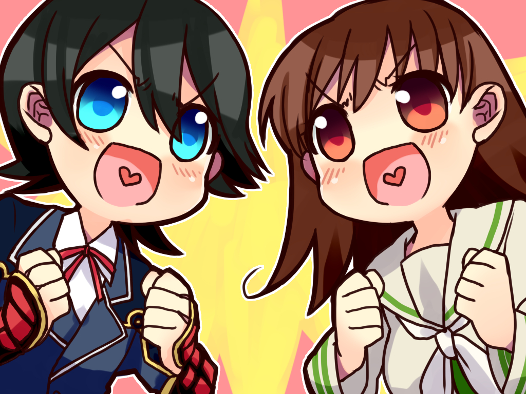10s 1boy 1girl armor black_hair blue_eyes blush brown_eyes brown_hair crossover heart heart_in_mouth horikawa_kunihiro horikawa_kunihiro_(touken_ranbu) japanese_armor kamehima kantai_collection kote lapels long_hair military military_uniform notched_lapels ooi_(kancolle) open_mouth school_uniform serafuku short_hair smile touken_ranbu