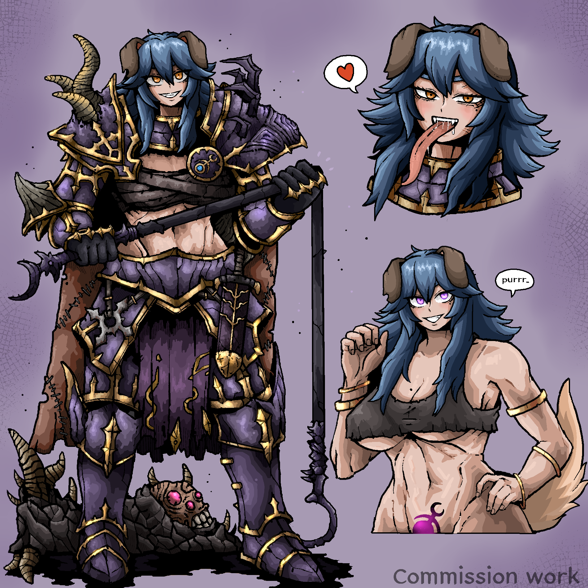 1girl animal_ears armlet armor blue_hair bracelet chest_sarashi cloak dagger dog_ears dog_girl fangs grin highres holding holding_whip jewelry knife long_hair long_tongue multiple_views muscular muscular_female octosoup power_armor pubic_tattoo purple_eyes saliva sarashi slaanesh_(symbol) smile speech_bubble tattoo teeth tongue warhammer_40k weapon yellow_eyes