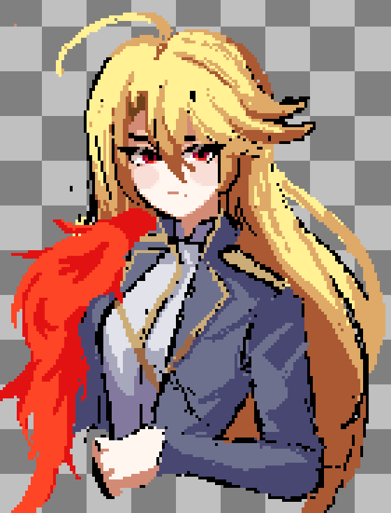 1girl :| baeloe blonde_hair blue_coat checkered_background closed_mouth coat don_quixote_(project_moon) epaulettes feather_boa limbus_company looking_at_viewer loose_hair_strand pixel_art project_moon red_eyes sancho_(project_moon) shirt single_epaulette solo upper_body white_shirt