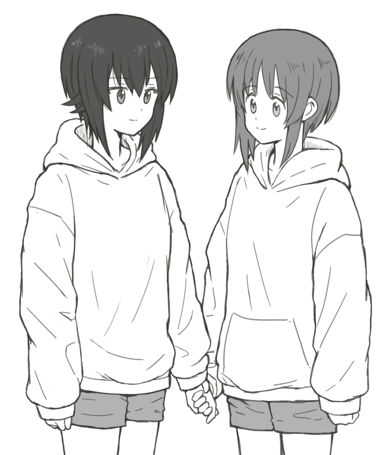 2girls girls_und_panzer greyscale holding_hands hood hoodie matching_outfits monochrome multiple_girls mutsu_(layergreen) nishizumi_maho nishizumi_miho short_hair short_shorts shorts siblings sisters smile white_background