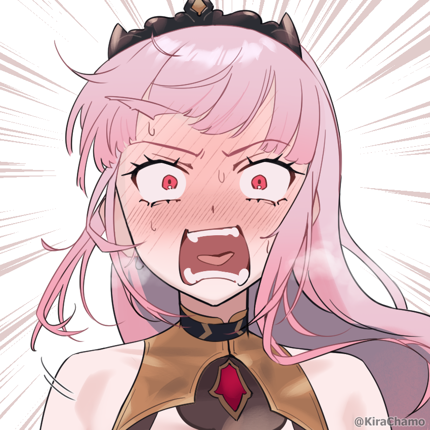 1girl black_tiara blush commentary embarrassed emphasis_lines english_commentary full-face_blush hololive hololive_english kirachamo long_hair mori_calliope mori_calliope_(1st_costume) pink_eyes pink_hair solo sweat teeth tiara virtual_youtuber white_background