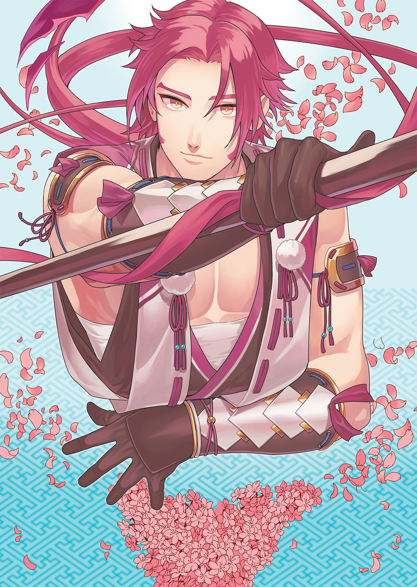 1boy arm_armor armor blue_background cherry_blossoms closed_mouth dolustoy flower haori_himo highres japanese_armor japanese_clothes long_hair looking_at_viewer male_focus midriff_sarashi pectorals pink_flower pink_hair pink_petals ponytail red_hair sarashi sayagata sleeveless solo tonbokiri_(touken_ranbu) touken_ranbu