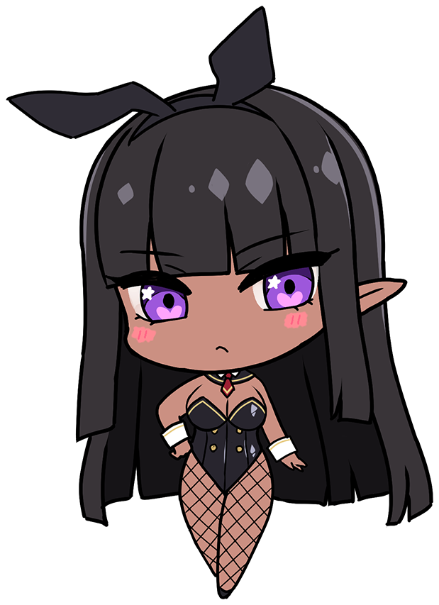 1girl animal_ear_hairband animal_ears arm_at_side black_hair black_hairband black_leotard black_pantyhose blunt_bangs blush breasts chibi chibi_only cleavage closed_mouth covered_navel dark-skinned_female dark_elf dark_skin deformed derauea detached_collar elf fake_animal_ears fishnet_pantyhose fishnets frown game_cg hairband hand_on_own_hip highleg hime_cut large_breasts leotard long_hair long_pointy_ears long_sidelocks looking_at_viewer motto!_haramase!_honoo_no_oppai_isekai_oppai_bunny_gakuen! navel necktie non-web_source official_art pantyhose playboy_bunny pointy_ears purple_eyes rabbit_ear_hairband rabbit_ears raelda_le_failda red_necktie shoes sidelocks solo star_(symbol) star_in_eye strapless strapless_leotard symbol_in_eye transparent_background white_wrist_cuffs wrist_cuffs