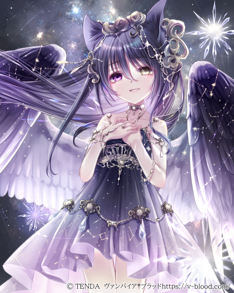1girl animal_ear_fluff animal_ears bare_shoulders black_dress black_wings cat_ears cat_girl chain character_request collarbone commentary_request copyright_name copyright_notice cowboy_shot dress feathered_wings floating_hair gold_chain hair_between_eyes hair_ornament hands_on_own_chest hane_segawa heterochromia highres long_hair looking_at_viewer mismatched_pupils night night_sky official_art outdoors parted_lips purple_eyes purple_hair shooting_star sky slit_pupils smile solo standing strapless strapless_dress vampire_blood wings yellow_eyes