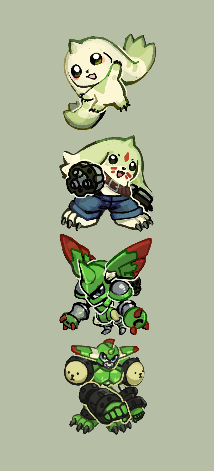 blue_eyes cyborg digimon digimon_(creature) digimon_tamers evolutionary_line galgomon highres rapidmon_(perfect) saintgalgomon simple_background terriermon