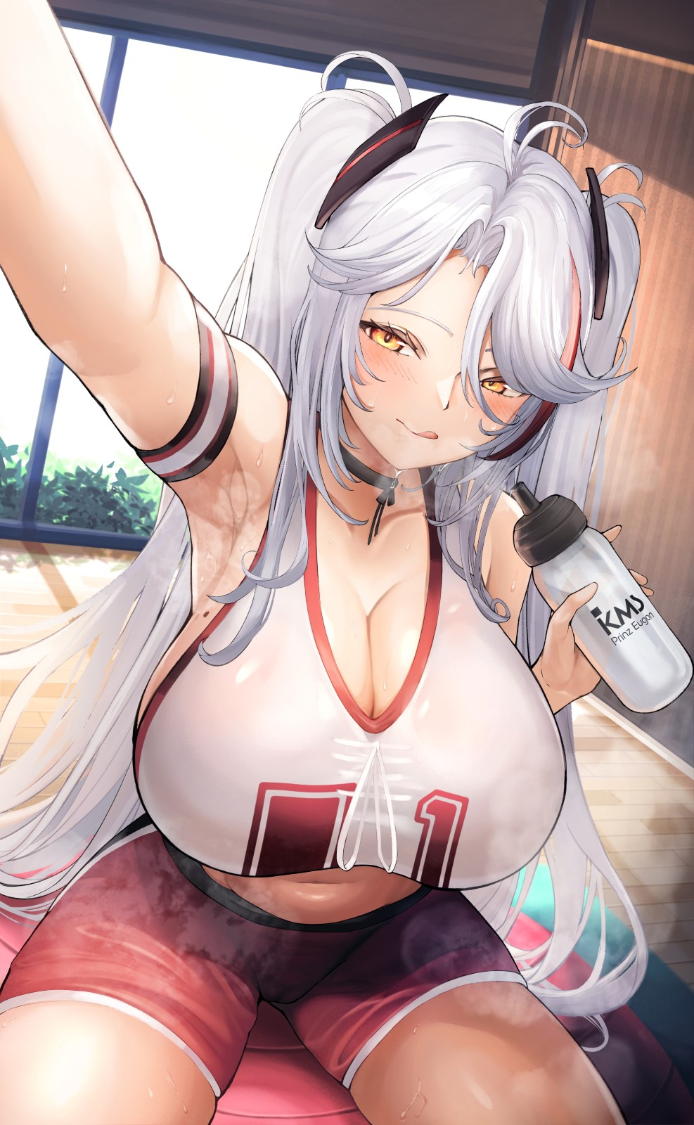 1girl antenna_hair azur_lane black_choker blush bottle breasts breath choker cleavage covered_erect_nipples highres huge_breasts indoors licking_lips long_hair looking_at_viewer midriff mole mole_on_breast multicolored_hair navel number_print official_alternate_costume prinz_eugen_(azur_lane) prinz_eugen_(brilliant_touchdown)_(azur_lane) reaching reaching_towards_viewer red_hair red_shorts see-through_silhouette shorts sitting smile solo sports_bottle steaming_body streaked_hair tongue tongue_out two_side_up water_bottle yusha_m