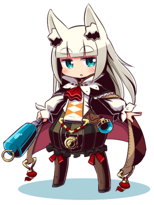 1girl 7th_dragon 7th_dragon_(series) :o animal_ear_fluff animal_ears ascot black_skirt blunt_bangs blush boots brown_boots brown_cape cape chibi commentary_request female_focus fox_ears frilled_skirt frills full_body grey_hair holding ikurakun_(7th_dragon) knee_boots long_hair long_sleeves looking_at_viewer mage_(7th_dragon) naga_u parted_lips puffy_long_sleeves puffy_sleeves red_ascot shadow shirt skirt sleeves_past_wrists solo standing striped_clothes striped_skirt thick_eyebrows vertical-striped_clothes vertical-striped_skirt white_background white_shirt