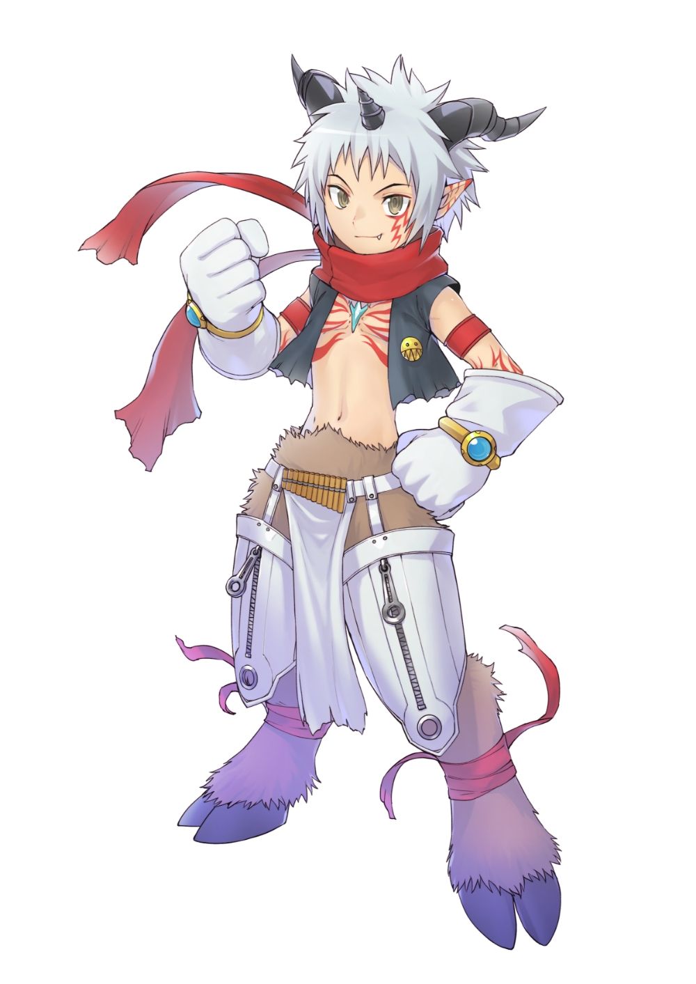 1boy aegiomon animal_feet black_vest body_fur body_markings brown_fur chest_jewel digimon digimon_(creature) digimon_story:_time_stranger facial_mark full_body gloves goat_horns highres horns male_focus pointy_ears red_scarf scarf simple_background solo vest white_background white_gloves yasuda_suzuhito