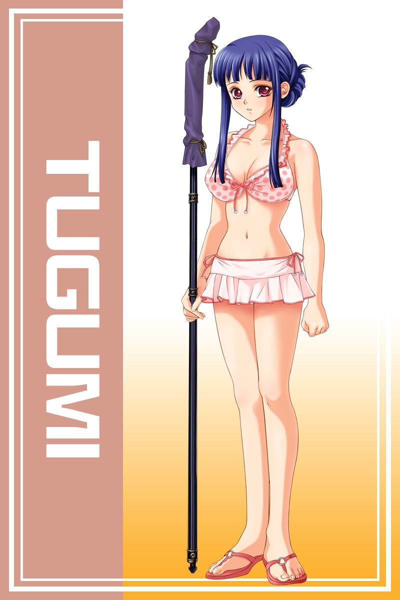 1girl aozora_tsugumi bare_shoulders breasts cleavage feet female_focus game_cg gradient_background highres large_breasts looking_at_viewer mome!_chichi_shimai_katei_kyoushi_11nin navel ole-m red_eyes solo standing swimsuit toes weapon