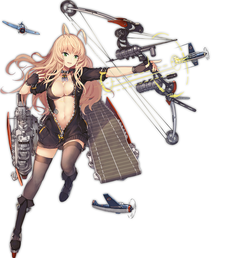 1girl aircraft airplane antenna_hair artist_request azur_lane bikini bikini_top_only black_bikini black_boots black_gloves blonde_hair boots bow_(weapon) breasts cleavage female_focus fingerless_gloves fingernails flight_deck full_body gloves green_eyes grey_thighhighs hair_between_eyes holding holding_bow_(weapon) holding_weapon long_hair medium_breasts nail_polish navel official_art open_mouth solo standing standing_on_one_leg star_(symbol) stomach swimsuit tachi-e thighhighs transparent_background wasp_(azur_lane) weapon yellow_nails