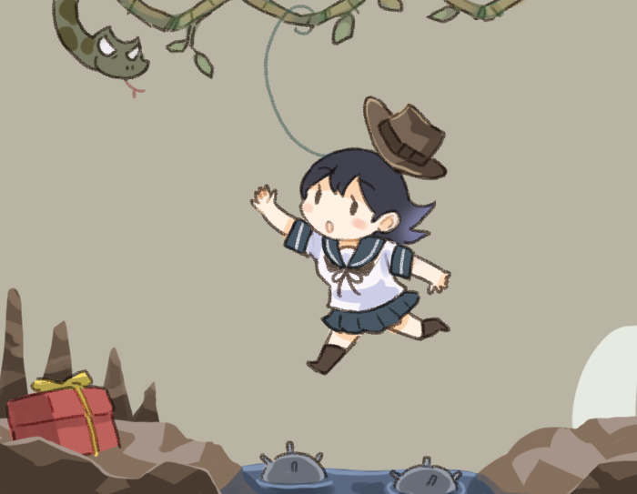 1girl :o black_hair box chibi cowboy_hat explosive gift gift_box hat indiana_jones_(series) jumping kantai_collection mine_(weapon) naval_mine open_mouth plant pleated_skirt reaching saiguchi_otoufu school_uniform serafuku skirt snake socks solid_eyes ushio_(kancolle) vines