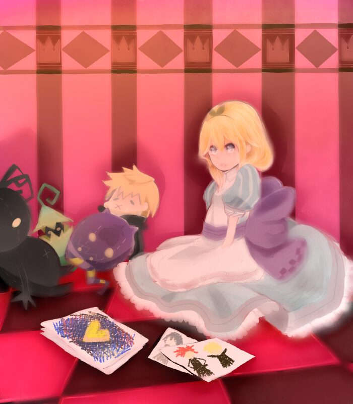 1girl alice_(alice_in_wonderland) alice_(alice_in_wonderland)_(cosplay) alice_in_wonderland axel black_coat_(kingdom_hearts) blonde_hair blue_eyes character_doll cosplay disney drawing female_focus heartless kingdom_hearts kingdom_hearts_358/2_days namine roxas shadow_(kingdom_hearts) solo square_enix teiruzukingudamu xion_(kingdom_hearts)