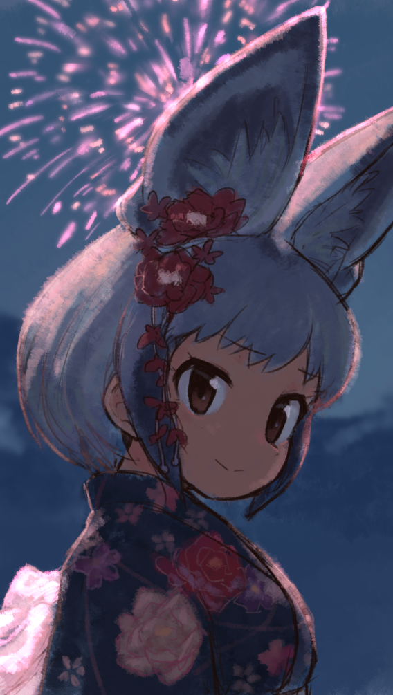 1girl aerial_fireworks animal_ear_fluff animal_ears bat-eared_fox_(kemono_friends) brown_eyes commentary_request extra_ears fireworks floral_print flower fox_ears grey_hair hair_flower hair_ornament japanese_clothes kemono_friends kimono large_ears night outdoors rumenia_(ao2is) short_hair smile solo upper_body