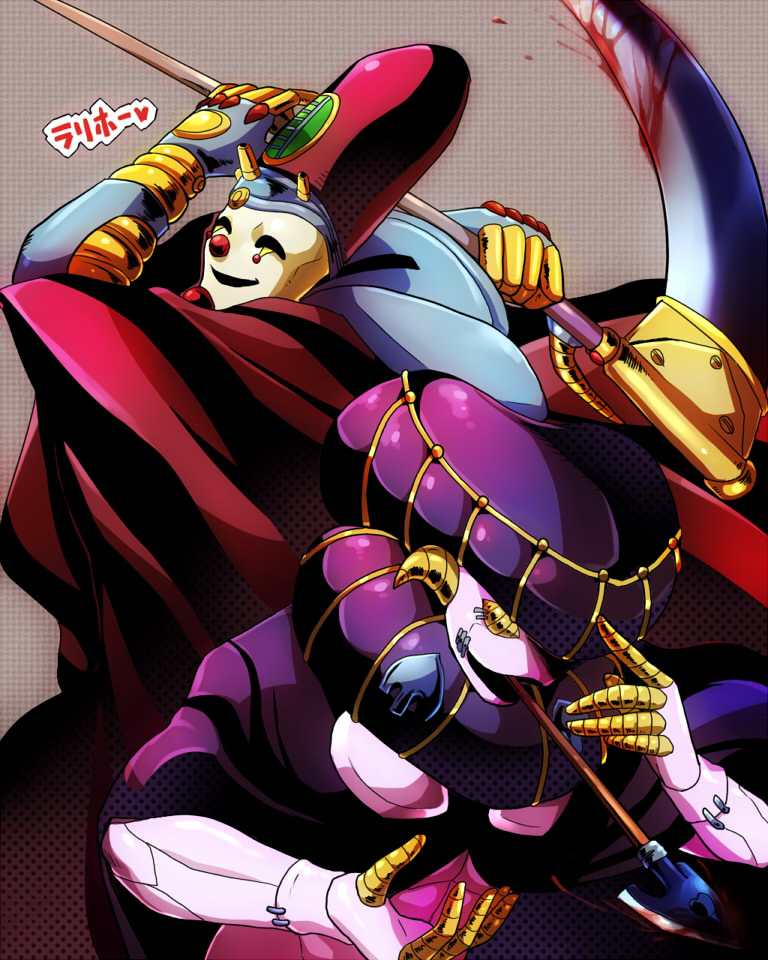 2boys arrow_(jojo) arrow_(projectile) black_sabbath_(stand) blood bloody_weapon death_13 hat jojo_no_kimyou_na_bouken kamiura mask multiple_boys no_humans scythe stand_(jojo) vento_aureo weapon