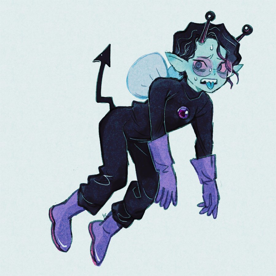 1boy anpanman antennae baikinman black_hair blue_skin blue_tongue boots colored_skin colored_tongue demon_tail floating gloves ken_(shiyu) looking_at_viewer male_focus personification pointy_ears purple_boots purple_gloves sharp_teeh solo sunglasses sweat tail tongue tongue_out wavy_hair wings