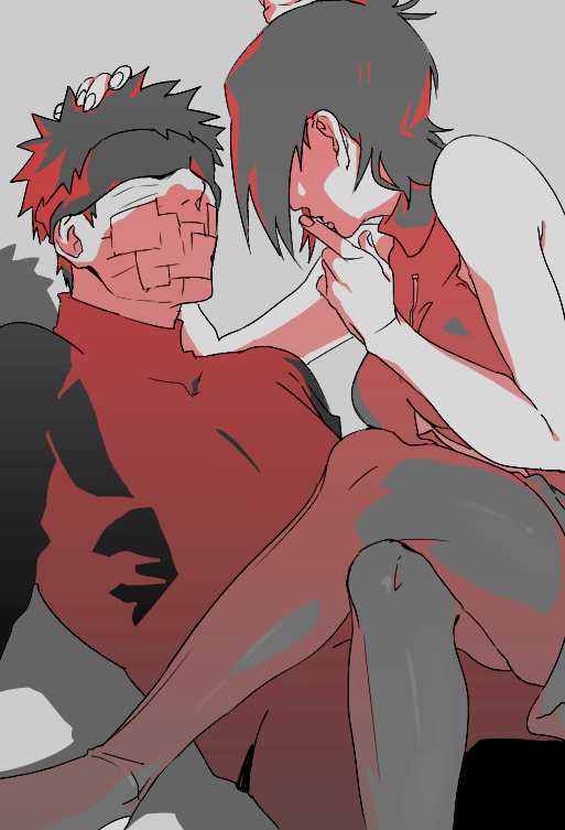 1boy 1girl bare_shoulders breasts covered_eyes crossed_legs dress face_piercing finger_to_mouth hand_on_another&#039;s_head konan_(naruto) labret_piercing naruto_(series) naruto_shippuuden obobkkp paper scar scar_on_face short_hair sitting sitting_on_lap sitting_on_person spiked_hair spot_color uchiha_obito zipper_pull_tab