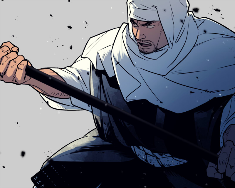 1boy akatsuki_wo_tsugu arm_hair benkei cheekbones facial_hair fighting_stance fingernails galadecaras grey_background holding holding_polearm holding_weapon hood japanese_clothes knuckle_hair looking_to_the_side male_focus mustache_stubble open_mouth polearm solo sparse_stubble stubble v-shaped_eyebrows weapon