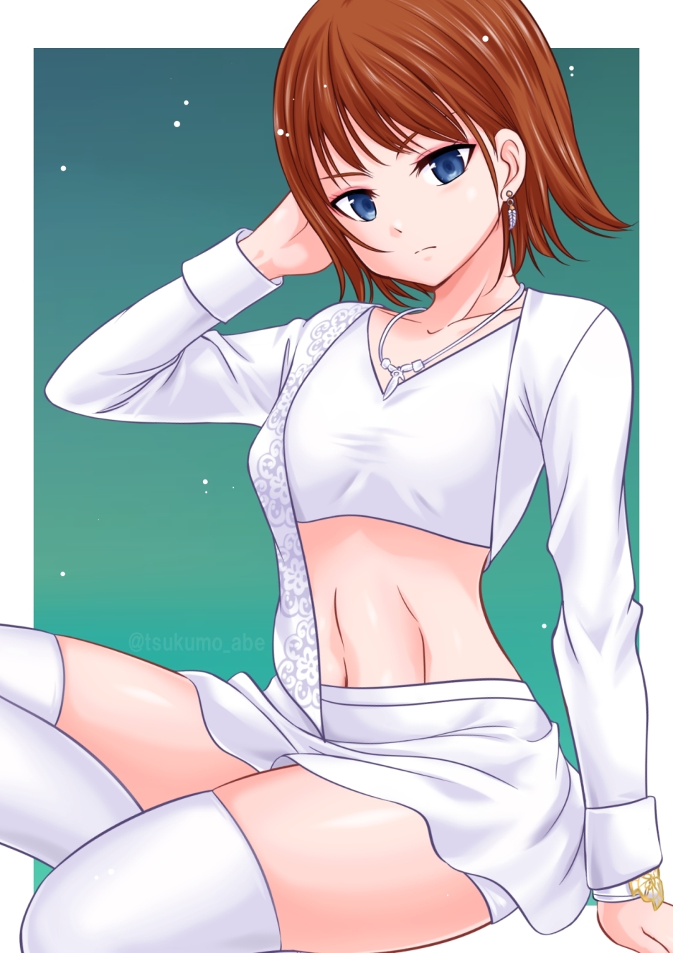 1girl abe_tsukumo abs avataro_sentai_donbrothers blouse blue_eyes brown_hair crop_top highres jewelry necklace shirt sononi sononi_(donbrothers) super_sentai thighhighs white_thighhighs