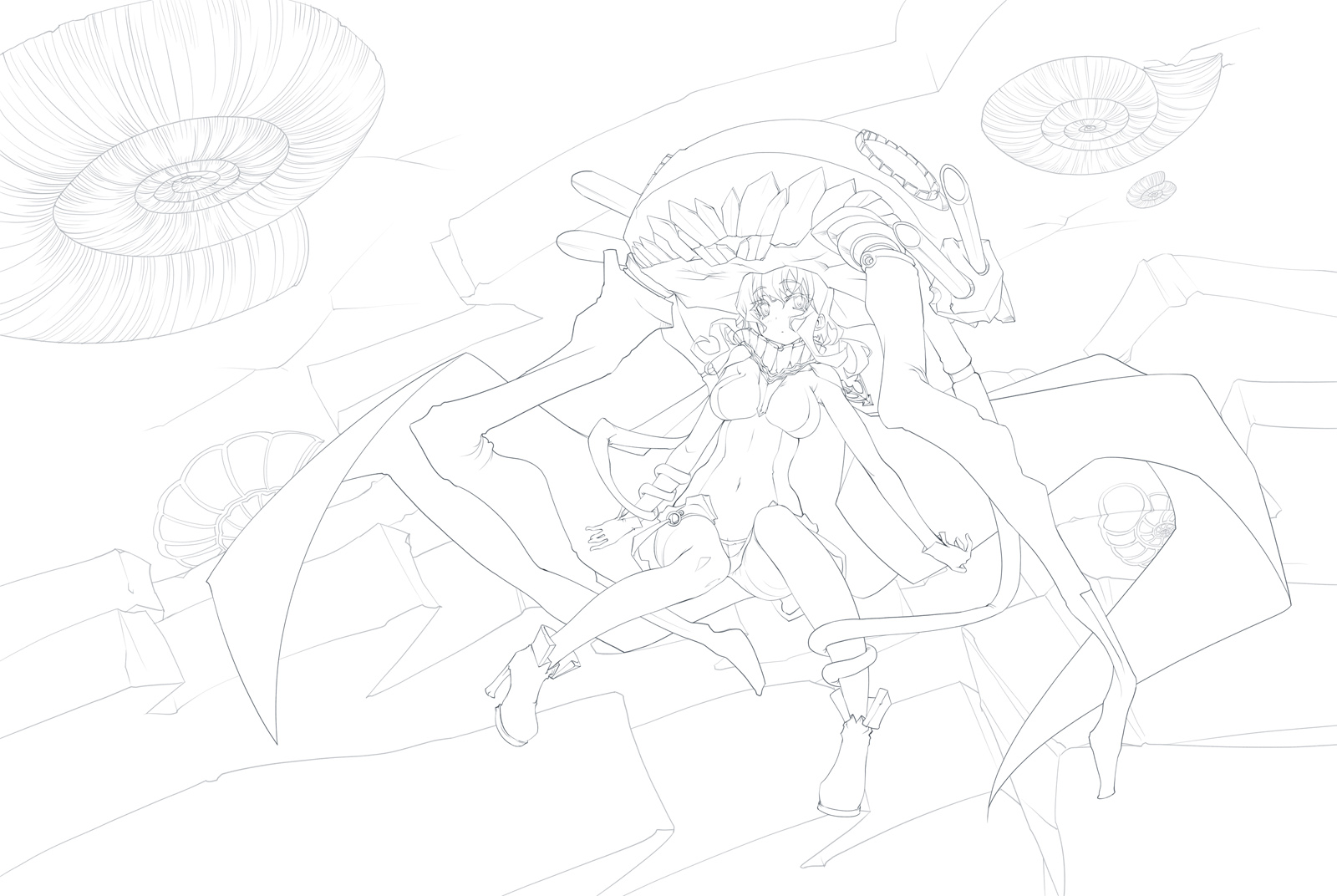 10s 1girl abyssal_ship ammonite bodysuit breasts cape female_focus gloves greyscale highres kantai_collection large_breasts lineart long_hair monochrome personification sakuya_tsuitachi solo wo-class_aircraft_carrier
